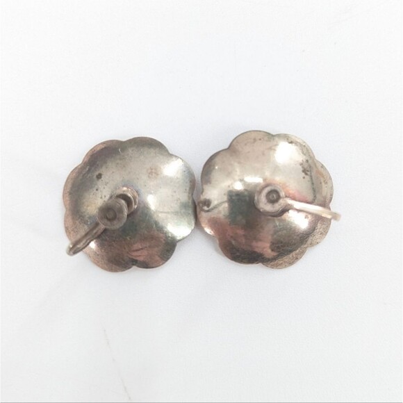 Sterling Silver Vermeil Signed Vintage Green Stone Emerald Flower Earrings - Picture 2 of 3